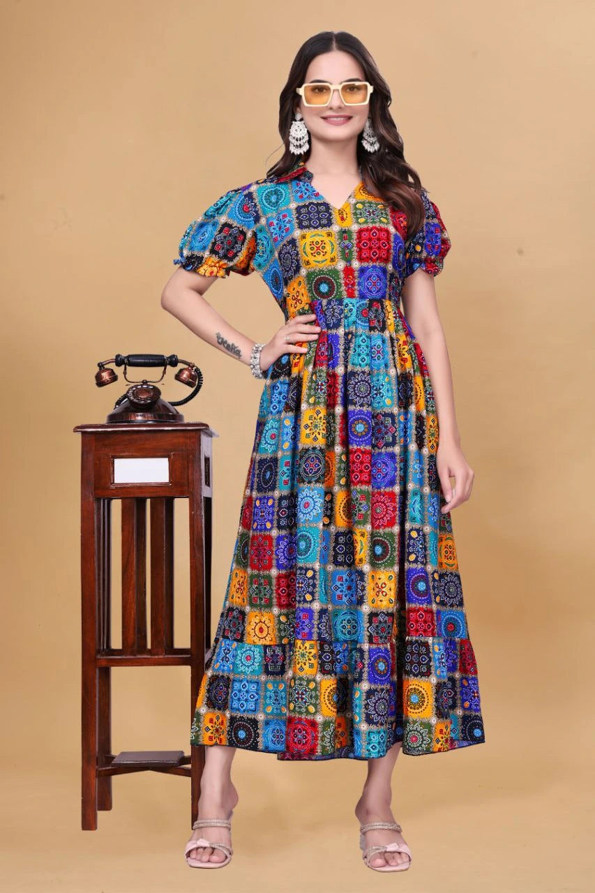 Multicolour Digital Printed Rayon Dress Kalyanja Fashion